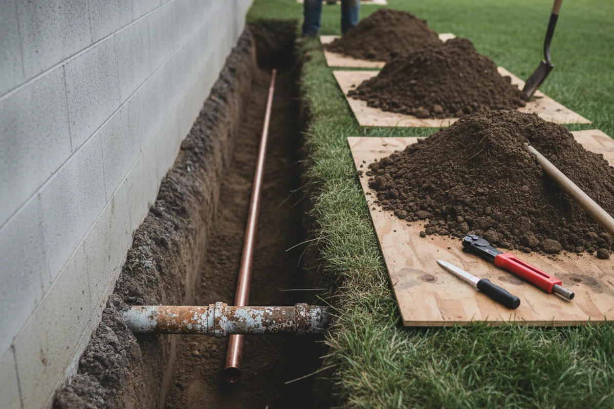 Excavated water line trench during Water Heater Repair in Hiram
